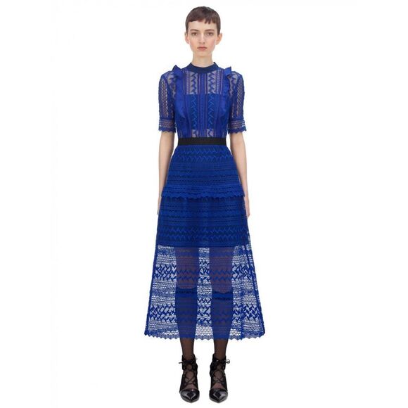Self Portrait Short Sleeve Geometric Lace Midi Dress Cobalt Blue Size US2/UK6 - Picture 1 of 12